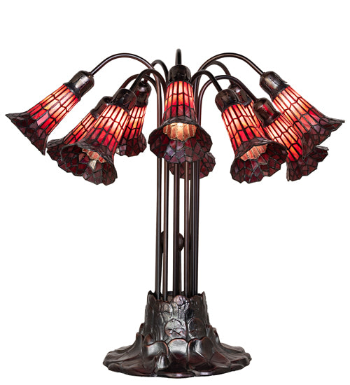 Meyda Lighting Stained Glass Pond Lily 25" 10-Light Mahogany Bronze Table Lamp With Red Shade Glass