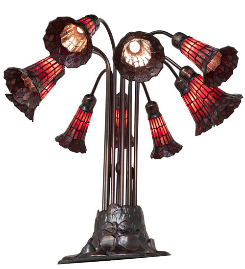 Meyda Lighting Stained Glass Pond Lily 25" 10-Light Mahogany Bronze Table Lamp With Red Shade Glass
