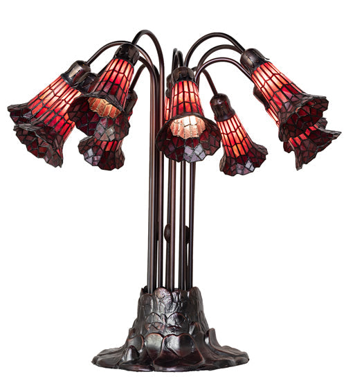 Meyda Lighting Stained Glass Pond Lily 25" 10-Light Mahogany Bronze Table Lamp With Red Shade Glass