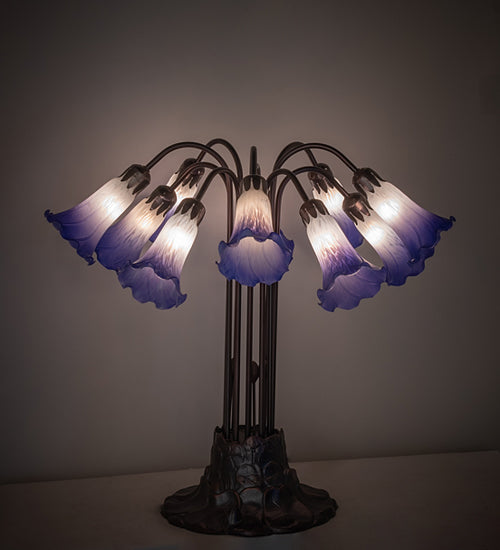 Meyda Lighting Stained Glass Pond Lily 25" 10-Light Mahogany Bronze Table Lamp With White & Blue Shade Glass