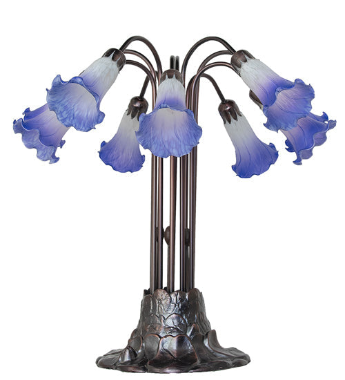 Meyda Lighting Stained Glass Pond Lily 25" 10-Light Mahogany Bronze Table Lamp With White & Blue Shade Glass