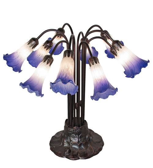 Meyda Lighting Stained Glass Pond Lily 25" 10-Light Mahogany Bronze Table Lamp With White & Blue Shade Glass