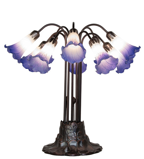 Meyda Lighting Stained Glass Pond Lily 25" 10-Light Mahogany Bronze Table Lamp With White & Blue Shade Glass