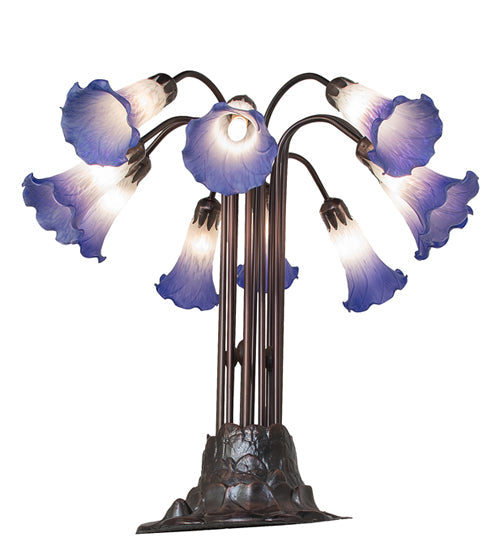 Meyda Lighting Stained Glass Pond Lily 25" 10-Light Mahogany Bronze Table Lamp With White & Blue Shade Glass