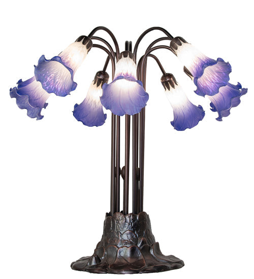 Meyda Lighting Stained Glass Pond Lily 25" 10-Light Mahogany Bronze Table Lamp With White & Blue Shade Glass