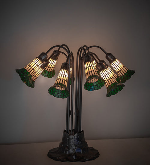 Meyda Lighting Stained Glass Pond Lily 25" 10-Light Mahogany Bronze Table Lamp With Yellow & Green Shade Glass