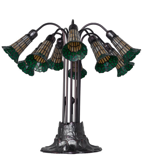 Meyda Lighting Stained Glass Pond Lily 25" 10-Light Mahogany Bronze Table Lamp With Yellow & Green Shade Glass