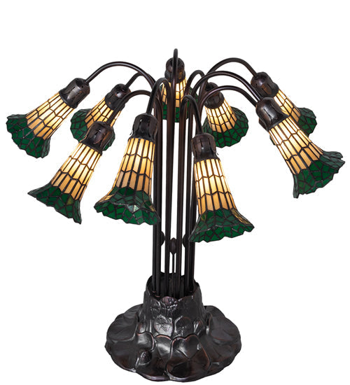 Meyda Lighting Stained Glass Pond Lily 25" 10-Light Mahogany Bronze Table Lamp With Yellow & Green Shade Glass