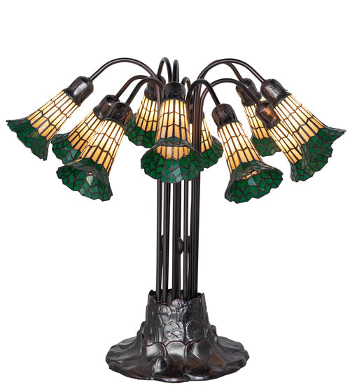 Meyda Lighting Stained Glass Pond Lily 25" 10-Light Mahogany Bronze Table Lamp With Yellow & Green Shade Glass