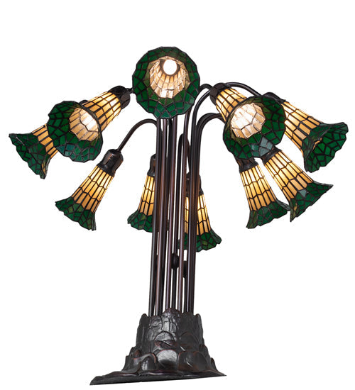 Meyda Lighting Stained Glass Pond Lily 25" 10-Light Mahogany Bronze Table Lamp With Yellow & Green Shade Glass