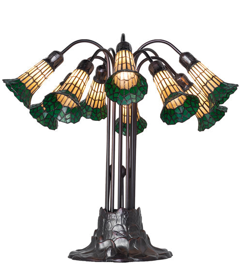 Meyda Lighting Stained Glass Pond Lily 25" 10-Light Mahogany Bronze Table Lamp With Yellow & Green Shade Glass