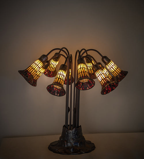 Meyda Lighting Stained Glass Pond Lily 25" 10-Light Mahogany Bronze Table Lamp With Yellow & Red Shade Glass