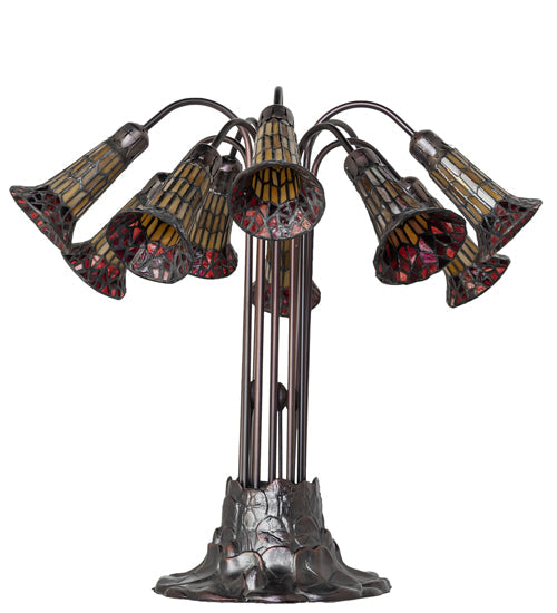 Meyda Lighting Stained Glass Pond Lily 25" 10-Light Mahogany Bronze Table Lamp With Yellow & Red Shade Glass