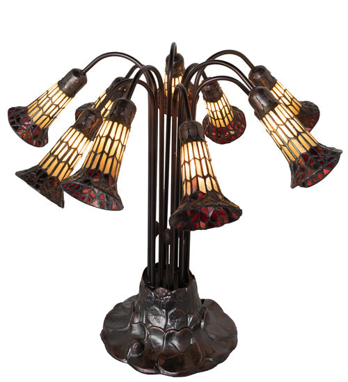 Meyda Lighting Stained Glass Pond Lily 25" 10-Light Mahogany Bronze Table Lamp With Yellow & Red Shade Glass