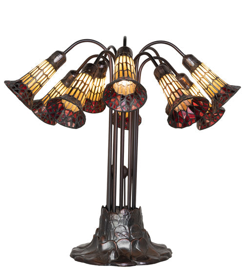 Meyda Lighting Stained Glass Pond Lily 25" 10-Light Mahogany Bronze Table Lamp With Yellow & Red Shade Glass