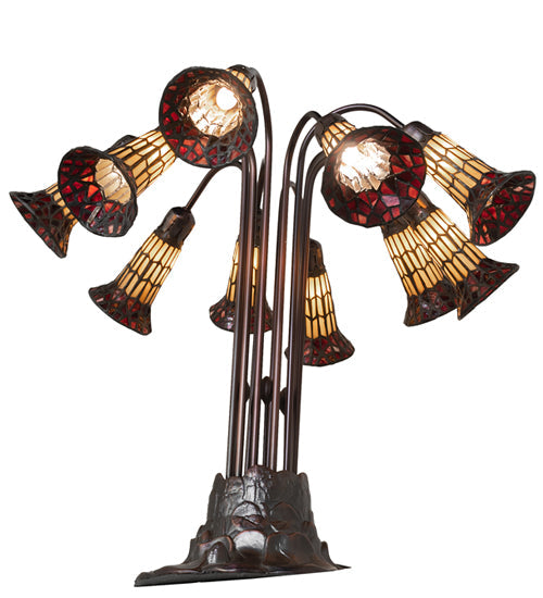 Meyda Lighting Stained Glass Pond Lily 25" 10-Light Mahogany Bronze Table Lamp With Yellow & Red Shade Glass