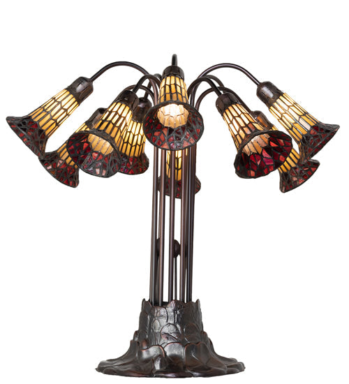 Meyda Lighting Stained Glass Pond Lily 25" 10-Light Mahogany Bronze Table Lamp With Yellow & Red Shade Glass