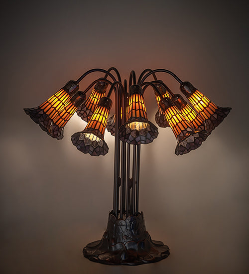 Meyda Lighting Stained Glass Pond Lily 25" 10-Light Mahogany Bronze Table Lamp With Yellow & Violet Shade Glass