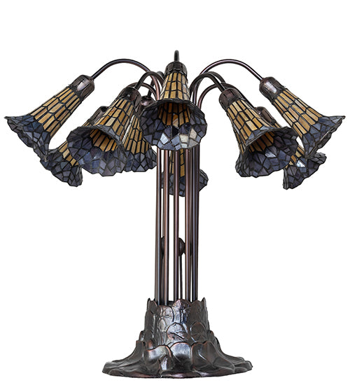 Meyda Lighting Stained Glass Pond Lily 25" 10-Light Mahogany Bronze Table Lamp With Yellow & Violet Shade Glass