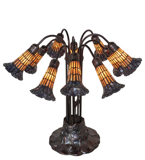 Meyda Lighting Stained Glass Pond Lily 25" 10-Light Mahogany Bronze Table Lamp With Yellow & Violet Shade Glass