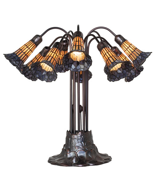 Meyda Lighting Stained Glass Pond Lily 25" 10-Light Mahogany Bronze Table Lamp With Yellow & Violet Shade Glass