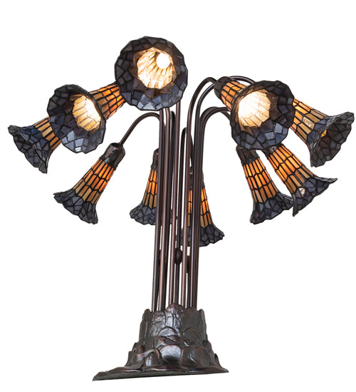 Meyda Lighting Stained Glass Pond Lily 25" 10-Light Mahogany Bronze Table Lamp With Yellow & Violet Shade Glass