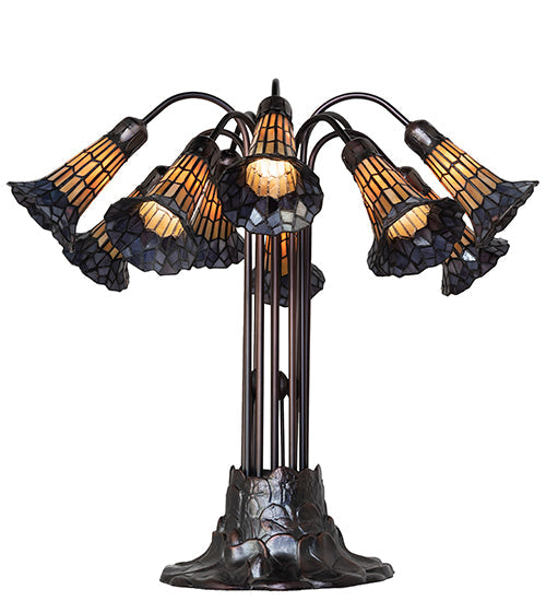 Meyda Lighting Stained Glass Pond Lily 25" 10-Light Mahogany Bronze Table Lamp With Yellow & Violet Shade Glass