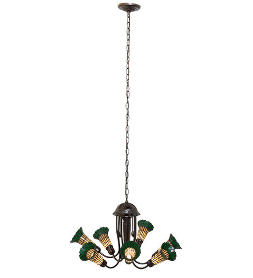 Meyda Lighting Stained Glass Pond Lily 251590 24" 7-Light Mahogany Bronze Chandelier With Amber & Green Shade Glass