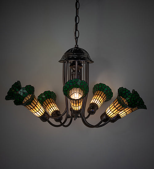 Meyda Lighting Stained Glass Pond Lily 251590 24" 7-Light Mahogany Bronze Chandelier With Amber & Green Shade Glass
