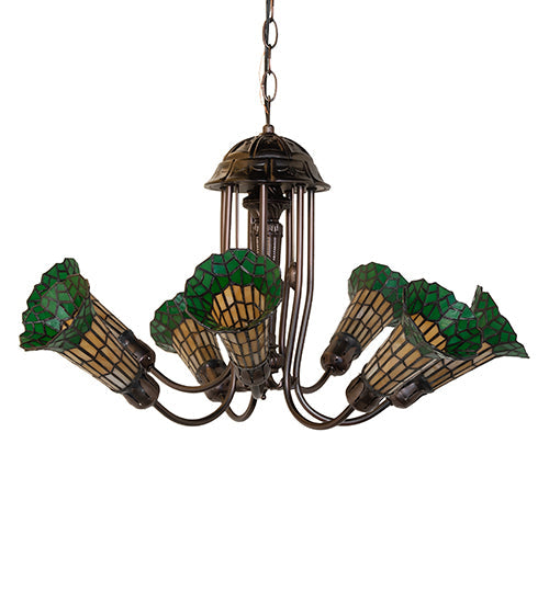 Meyda Lighting Stained Glass Pond Lily 251590 24" 7-Light Mahogany Bronze Chandelier With Amber & Green Shade Glass