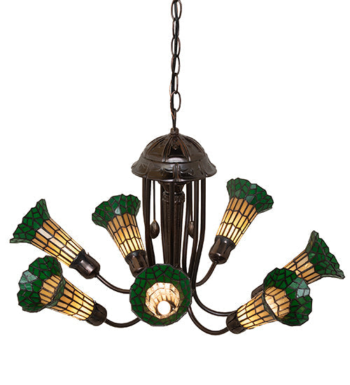 Meyda Lighting Stained Glass Pond Lily 251590 24" 7-Light Mahogany Bronze Chandelier With Amber & Green Shade Glass