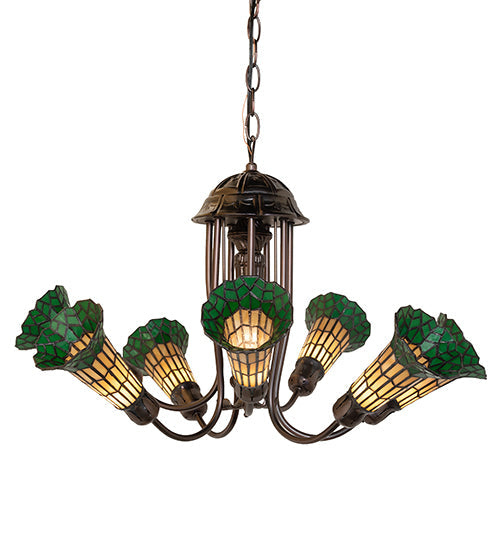Meyda Lighting Stained Glass Pond Lily 251590 24" 7-Light Mahogany Bronze Chandelier With Amber & Green Shade Glass