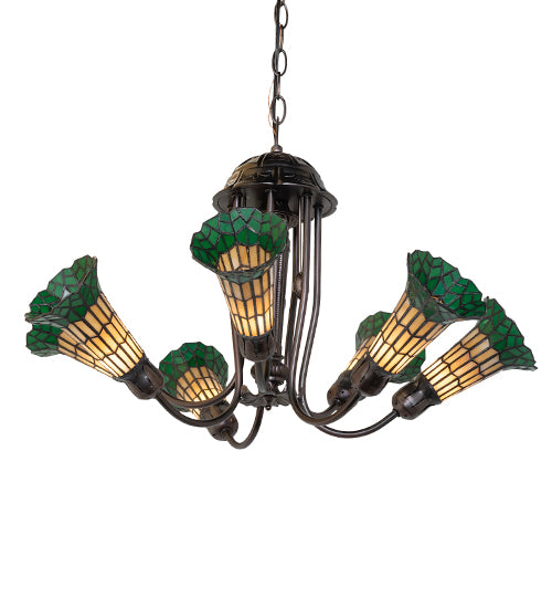 Meyda Lighting Stained Glass Pond Lily 251590 24" 7-Light Mahogany Bronze Chandelier With Amber & Green Shade Glass