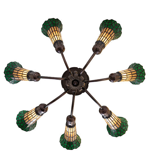 Meyda Lighting Stained Glass Pond Lily 251590 24" 7-Light Mahogany Bronze Chandelier With Amber & Green Shade Glass