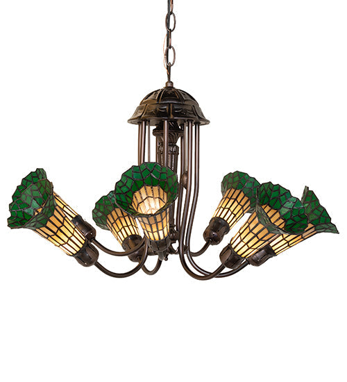 Meyda Lighting Stained Glass Pond Lily 251590 24" 7-Light Mahogany Bronze Chandelier With Amber & Green Shade Glass