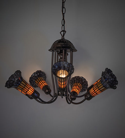 Meyda Lighting Stained Glass Pond Lily 251592 24" 7-Light Mahogany Bronze Chandelier With Amber & Violet Shade Glass
