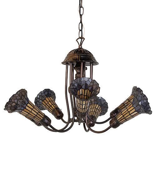 Meyda Lighting Stained Glass Pond Lily 251592 24" 7-Light Mahogany Bronze Chandelier With Amber & Violet Shade Glass