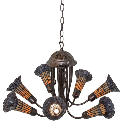Meyda Lighting Stained Glass Pond Lily 251592 24" 7-Light Mahogany Bronze Chandelier With Amber & Violet Shade Glass