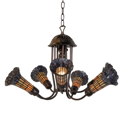 Meyda Lighting Stained Glass Pond Lily 251592 24" 7-Light Mahogany Bronze Chandelier With Amber & Violet Shade Glass