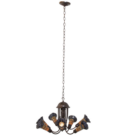Meyda Lighting Stained Glass Pond Lily 251592 24" 7-Light Mahogany Bronze Chandelier With Amber & Violet Shade Glass