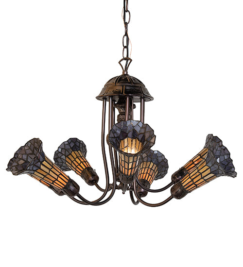 Meyda Lighting Stained Glass Pond Lily 251592 24" 7-Light Mahogany Bronze Chandelier With Amber & Violet Shade Glass