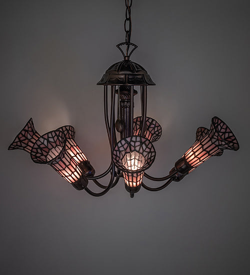 Meyda Lighting Stained Glass Pond Lily 251594 24" 7-Light Mahogany Bronze Chandelier With Pink Art Shade Glass