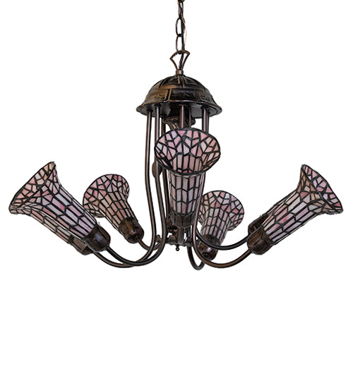 Meyda Lighting Stained Glass Pond Lily 251594 24" 7-Light Mahogany Bronze Chandelier With Pink Art Shade Glass