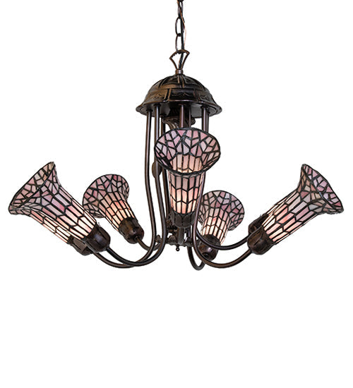 Meyda Lighting Stained Glass Pond Lily 251594 24" 7-Light Mahogany Bronze Chandelier With Pink Art Shade Glass