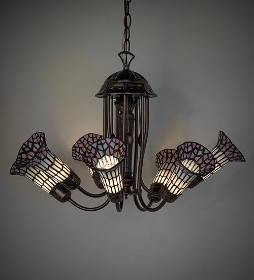 Meyda Lighting Stained Glass Pond Lily 251595 24" 7-Light Mahogany Bronze Chandelier With Pink & White Shade Glass