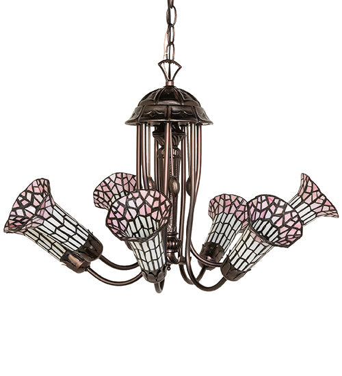 Meyda Lighting Stained Glass Pond Lily 251595 24" 7-Light Mahogany Bronze Chandelier With Pink & White Shade Glass