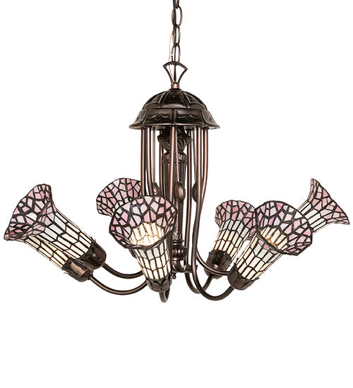 Meyda Lighting Stained Glass Pond Lily 251595 24" 7-Light Mahogany Bronze Chandelier With Pink & White Shade Glass