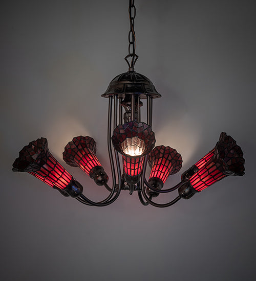 Meyda Lighting Stained Glass Pond Lily 251596 24" 7-Light Mahogany Bronze Chandelier With Red Shade Glass