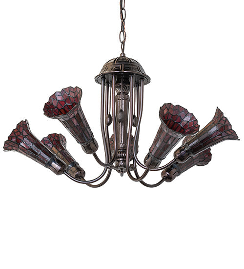 Meyda Lighting Stained Glass Pond Lily 251596 24" 7-Light Mahogany Bronze Chandelier With Red Shade Glass