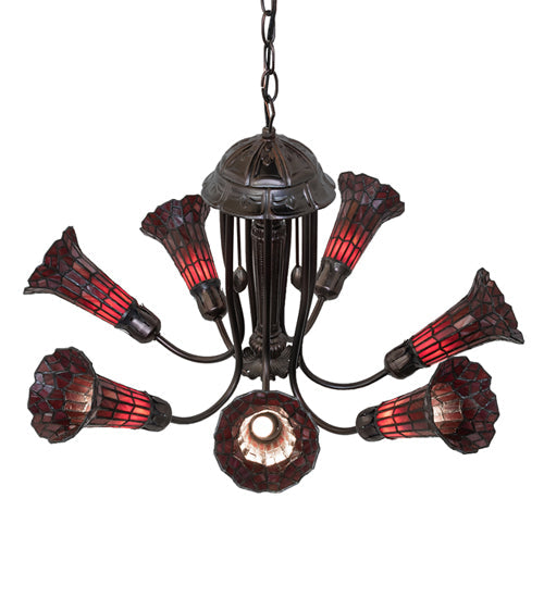 Meyda Lighting Stained Glass Pond Lily 251596 24" 7-Light Mahogany Bronze Chandelier With Red Shade Glass